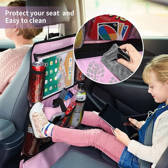 LUCMO Car Backseat Organizer with Touch Screen Tablet Holder, Pink | 2 Pcs,9 Storage Pockets,Clear Tablet Holder,Protectors Kick Mats,Travel Accessories,Seat Cover,Road Trip Essentials