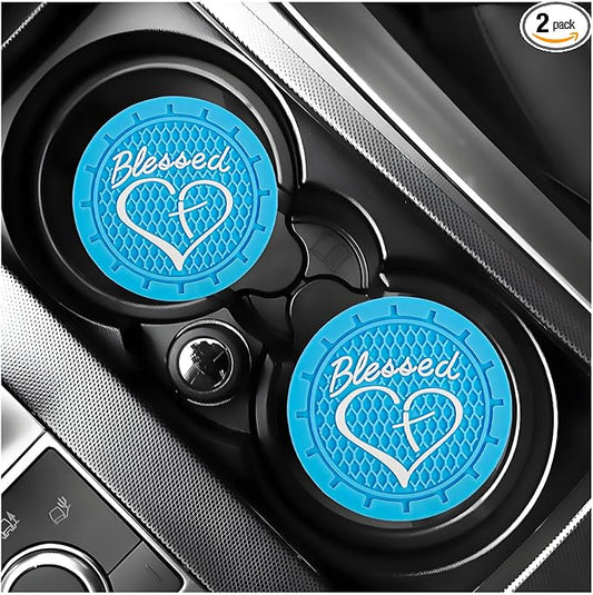 KVAEY 2 PCS Car Cup Holder Coasters, 2.76 Inch Anti Slip Vehicle Drink Mats with Cute Blessed Cross and Heart, Shockproof, Universal Car Accessories (Sky Blue, 2 PCS)