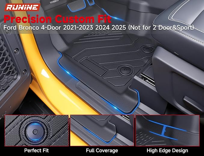Floor Mats for Ford Bronco 4-Door 2021-2024 2025 2026(Not for 2 Door&Sport), Cargo Liner Set, Heavy Mud & Off-Road Protection with 3D Waterproof High-Edge & Anti-Slip Retention System