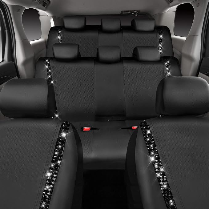 CAR PASS Bling Diamond Car Seat Covers,Shining Rhinestones Waterproof Faux Leather, 8 Seats 3 Rows with Zipper Glitter Crystal Sparkle Strips Universal Fit 95% MPV,SUV,CAR for Women Girl, Black