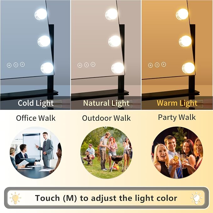 Kotdning Vanity Mirror with Lights,Lighted Vanity Mirror with 9 Dimmable Bulbs for Dressing Room & Bedroom,3 Color Lighting,Modes Detachable 10x Magnification 360°Ratation (Black) 12" L x 14.4" W
