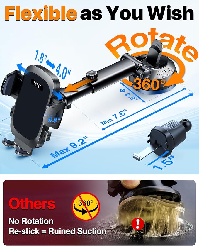 HTU 2026 Ultimate Best【True Military-Grade & Safety Cert】 Car Phone Holder | 【Upgraded 360 Rotation & 100LBS Strongest Suction】5-in-1 Truck Windshield Dashboard Vent Mount for iPhone Android, Deep Black