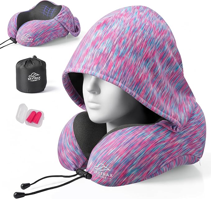 SkytraxComf® Travel Neck Pillow with Hood for Privacy on Long Flights | Memory Foam | Airplane Sleep | Safety-Tested Materials | Extra Large Hood | Chin Support | Earplugs | Washable Cover