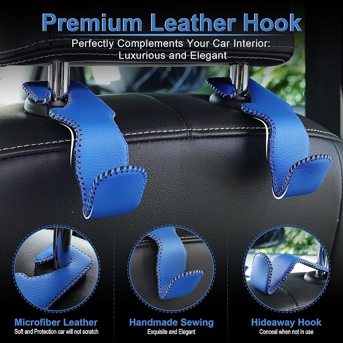 LivTee Blue Superior Leather Car Seat Back Headrest Hook, Auto Seat Hook Hangers Interior Accessories for Purse Coats Umbrellas Grocery Bags Handbag, 2-Pack