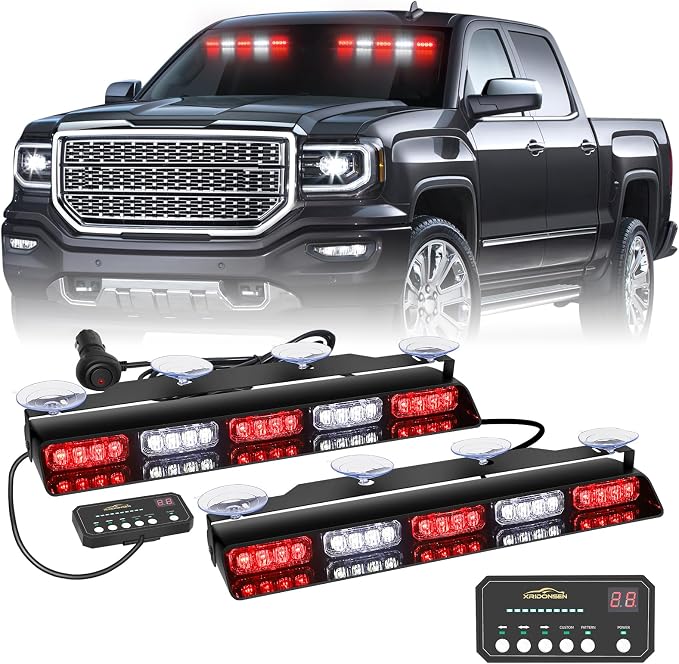 XRIDONSEN 2x 17 inch Red White Emergency Lights 40 LED Dash Strobe lights | Interior Front/Rear Windshield Lights Safety Flashing Warning Hazard for Vehicles Trucks Car