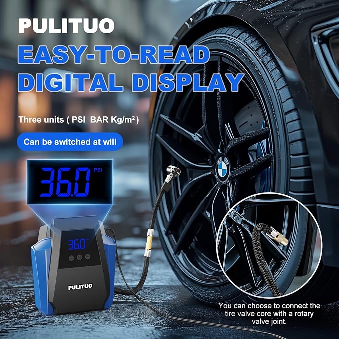 PULITUO 12V DC Tire Inflator - Portable Air Compressor 35L/min, 150 PSI Car Tire Pump with Auto Shut Off, Digital Pressure Gauge and LED Light, Blue