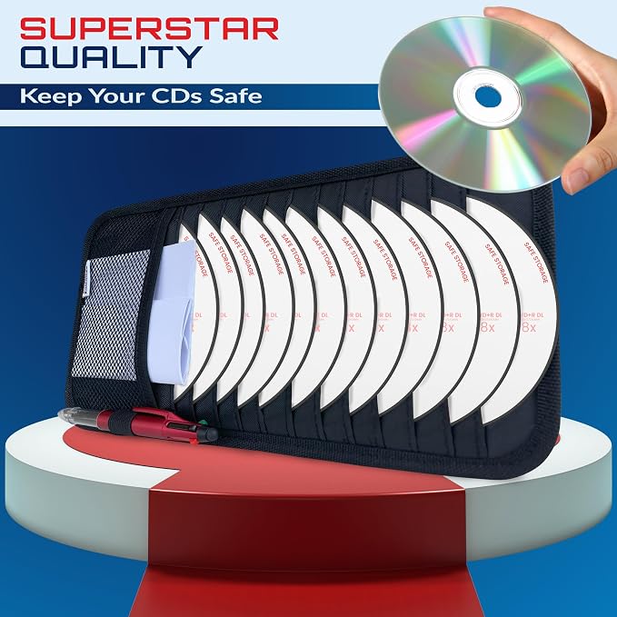 CD Case Holder for Car - Sun Visor Organizer for 12 CD’s/Dvd’s, 1 Mesh Pocket & 1 Horizontal Pen Holder - Safe, Ergonomic Design (Black)