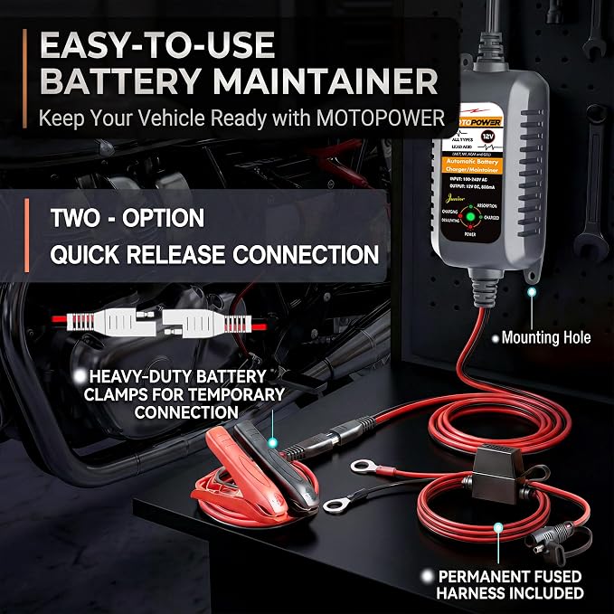 MOTOPOWER MP00205A 12V 800mA Automatic Battery Charger Maintainer, 2-Pack | Battery Charger, Battery Maintainer, Trickle Charger and Battery Desulfator