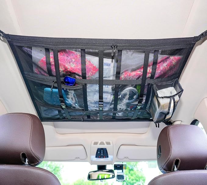 Car Ceiling Cargo Net Pocket 31"x21" Double-Layer Roof Storage for SUV Van | Heavy-duty nylon 31"x21" double-layer ceiling net, fits 4-handle SUVs & vans, holds gear for camping, road trips & van life