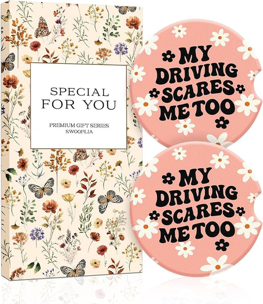 Swooflia 2 Pack Absorbent Ceramic Car Coasters for Women - 2.55 Inch Floral Pink Funny Quote Car Cup Holder Coasters with Cork Base, Funny Car Accessories, New Driver Gifts