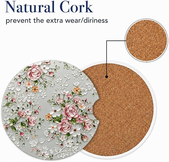 2Pack Car Cup Holder Coasters Absorbent Ceramic Coaster 2.56" for Women & Men Auto Flower Car Accessories