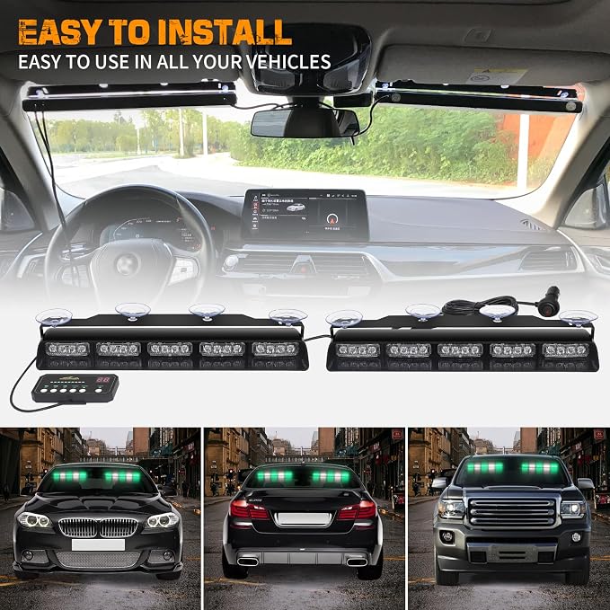 XRIDONSEN 2x 17 inch Green White Emergency Lights 40 LED Dash Strobe lights | Interior Front/Rear Windshield Light Bar Safety Warning Flashing Hazard for Vehicles Trucks Car