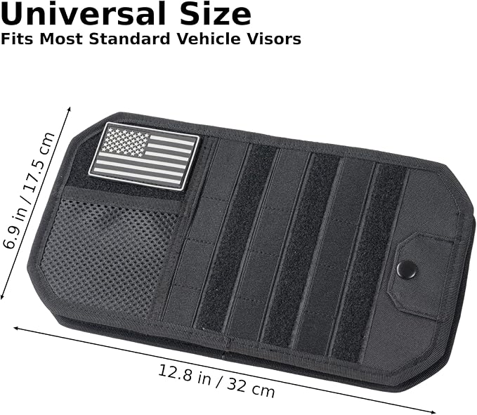 Car Visor Organizer, Sun Visor Organizer for Trucks Cars SUVs, Tactical Car Accessories with Zipper Visor Storage Pouch, Glasses Clip and Card Sleeve Pocket, Molle Visor Organizer with Panel (Black)