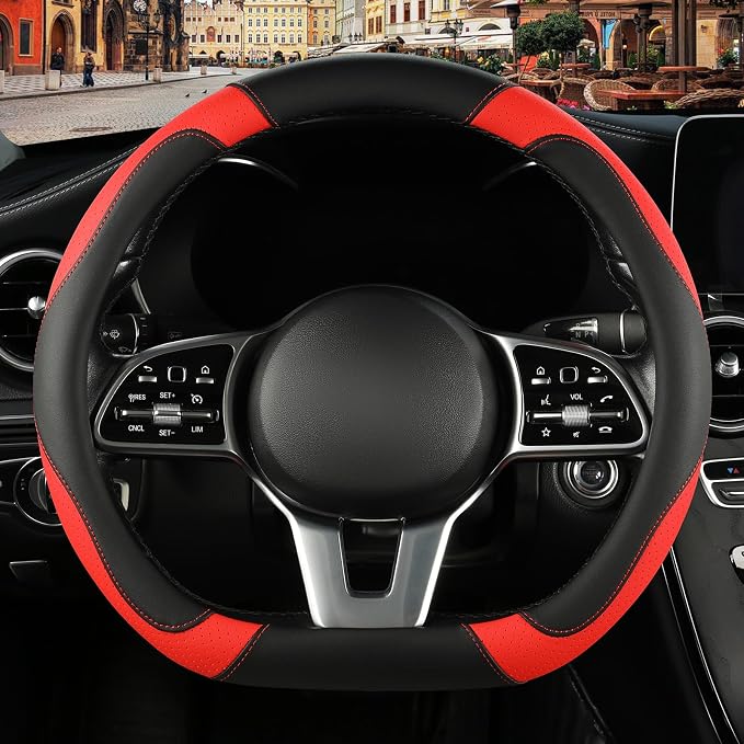 Black Red Microfiber Leather D Shaped Steering Wheel Cover | Breathable Anti Slip Grip Cool Sporty Look Glow for Women Men