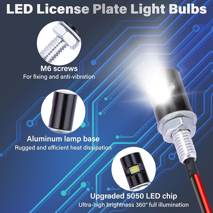 ecocstm 2 PCS Motorcycle License Plate Light, Waterproof Tag Lights for License Plate, Super Bright LED License Plate Light Bulbs, License Tag Screw Bolt Lamps for Car Motorcycle Truck RV ATV (White)