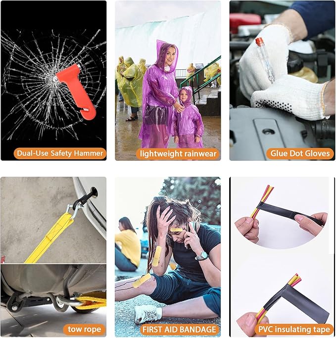 YILAIRIOU Emergency Roadside Kit for Car - Roadside Safety Tool Kit,with Jumper Cables Car Kits Headlamp Folding Shovel Safety Hammers Tow Rope, Emergency Roadside Car Kit