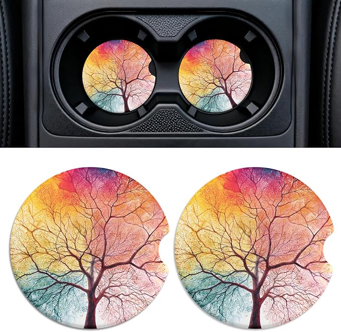 2 Pack Ceramic Car Coasters for Cup Holder, 2.56 in Anti Slip Absorbent Coaster with Cork Base and Finger Notch, Funny Cute Car Accessories for Women, Colorful Tree