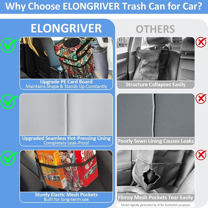 ELONGRIVER Car Trash Can Bin for Back Seat Leak Proof, Cute Car Trash Bag Hanging, Vehicle Trash Can for SUV Truck Van, Automotive Garbage Cans Front Seat Red Leaves, 2 Gallons
