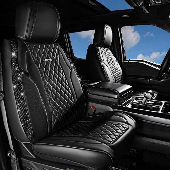 CAR PASS Nappa Leather Seat Covers Front,Black Diamond Bling Car Seat Covers Front Seats Luxury Padded Waterproof,Universal Fit for Cars SUVs,Trucks,Anti-Slip,Glitter Sparkly Shining Black Rhinestone