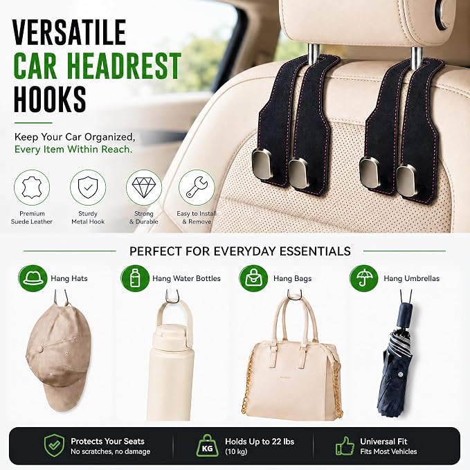 2Pcs Car Headrest Hooks with Premium Leather, Upgraded Double Metal Hooks with Anti-Drop Design, Universal Back Seat Hanger for Bags, Coats, Purses and Groceries (Stylish Black)