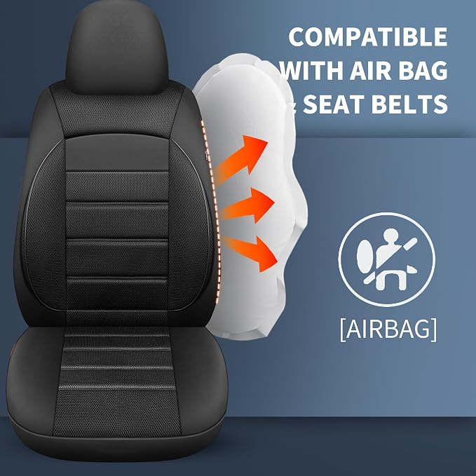 HChengkikz Car Seat Covers, Leather, 3D Foam Back Support (Black) | Air Mesh, Airbag Compatible, Universal Fit for Most Cars, Vans, Trucks, SUVs