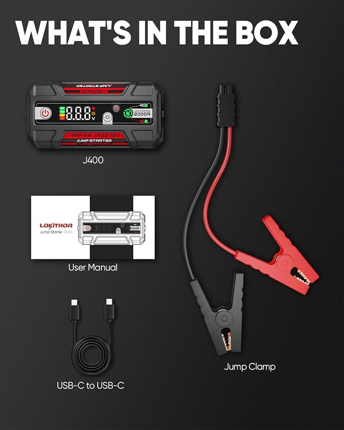 LOKITHOR J400 Jump Starter - 12V 2000A Lithium Battery Jump Pack, Portable Jump Box, Car Starter, Jumper Cables - for Up to 8.0L Gas & 6.0L Diesel Engines | ConnectMax Tech - Smart Digital Display