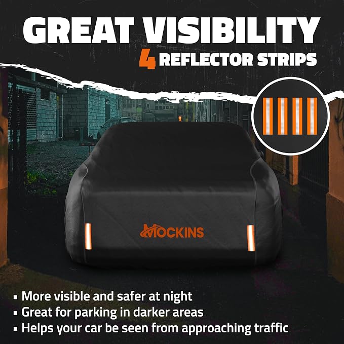 Mockins 175"x70"x60" XS Sedan Car Cover Waterproof All Weather Protector | Heavy Duty 250G PVC & Cotton Lined Car Covers for Automobiles | Windproof Full Exterior Covers w/ Buckle Strap & Reflectors