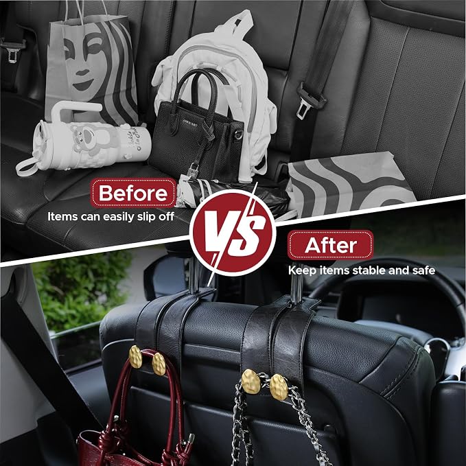 Leather Car Purse Hook for Headrest, 4 Pack (Black-Gold) | Twin Hooks Headrest Hangers, 2/4 Pack, No-Slip, Scratch-Proof, Holds Purses, Backpacks, Grocery Bags, Car Organizer Gift