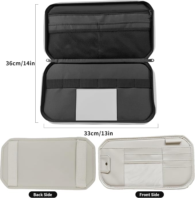 Car Sun Visor Organizer with Multi Pockets PU Leather Zipper Bag | Sunglass Holder with Elastic Straps and Glasses Clip Sunvisor Organizers Universal Fit for Trucks SUV Jeeps & Patrol Vehicles