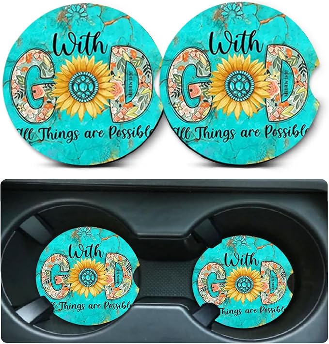 2 Pack Christian Encourage Car Cup Holder Coasters Universal Neoprene Mat | 2.75" Universal Size Anti Slip Rubber Mat, Auto Cup Holder Accessories for SUV Truck, Christian Gifts for Women Men Mom
