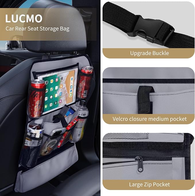 LUCMO Car Backseat Organizer with Touch Screen Tablet Holder, Grey | 2 Pcs,9 Storage Pockets,Clear Tablet Holder,Protectors Kick Mats,Travel Accessories,Seat Cover,Road Trip Essentials