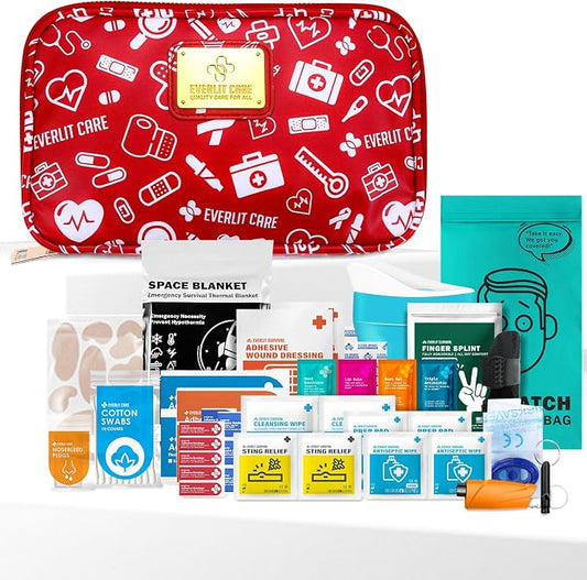 EVERLIT CARE Car First Aid Kit with Emergency Supplies Survival Gear Including Window Breaker Disposable Urine Bag Mountable Survival Kit for Family Travel in Car (RedMed)