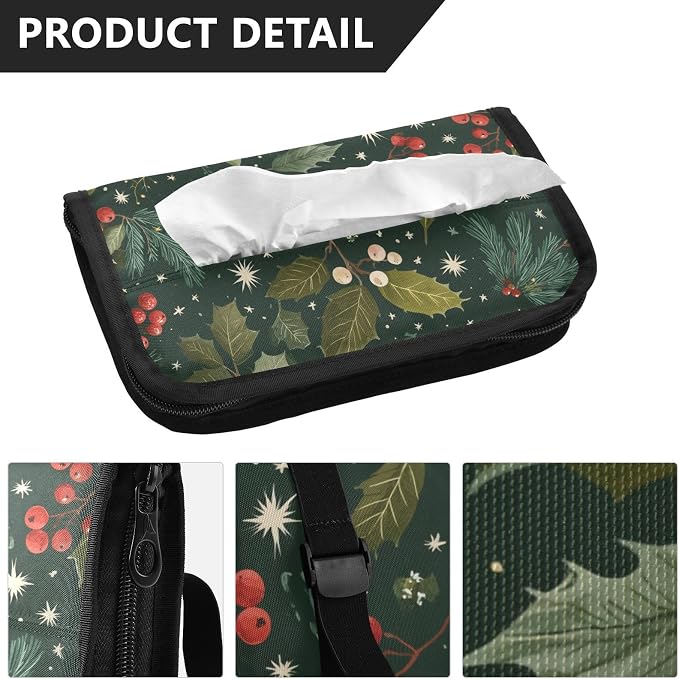Green Christmas Holly Berries Pine Needles Leaves Car Tissue Holder Durable Napkin Holder Hanging Tissue Holders Case Car Tissues Bag for Sun Visor Seat Back Universal Auto