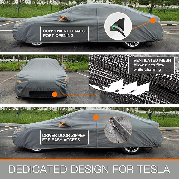 Kayme Heavy Duty Car Cover Waterproof All Weather, Custom Fit for Tesla Model 3, Outdoor Full Exterior Cover with Charging Port and Breathable Ventilation Mesh, Sun and Rain Protection.