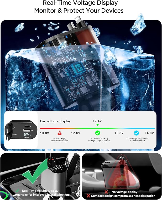 Retractable Car Charger,Car Phone Charger USB C Fast Charge for iPhone | EloBeth Car Charger,Cigarette Lighter USB Charger Car Accessories,Road Trip Essentials Gift for Men,for iPhone 17/16,Galaxy