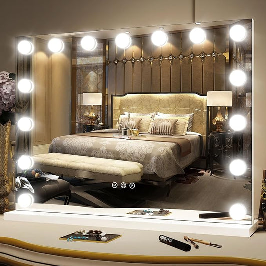 FENNIO Hollywood Vanity Mirror with Lights 23x18,Large Lighted Mirror Makeup Mirror with 15 Dimmable LED Bulbs, 3-Color Lighting