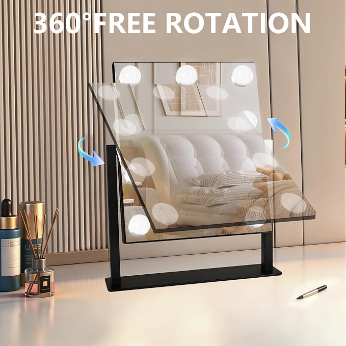 Moonee Vanity Mirror with Lights, Black Hollywood Lighted Makeup Mirror with 9 Dimmable Bulbs and 10X Magnification 360°Rotation, 3 Colors Modes, Light Up Mirror for Tabletop（12" x 14"）