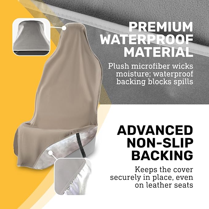 EliteSport Front Seat Cover, Universal Fit Waterproof, Sweatproof, Odor-Resistant, and Machine Washable Car Seat Protector with Non-Slip Underlayer for Pet, Travel, and Outdoor Adventure, Tan