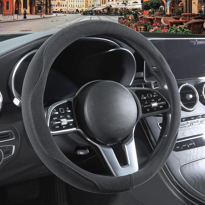 Gray Suede Steering Wheel Cover Universal 14.5 inch to 15 inch | Warm in Winter and Cool in Summer, Felt Car Accessories, Breathable Non-Slip Sweat-Proof Wear-Resistant