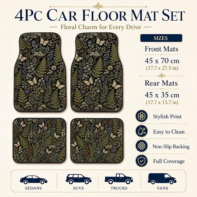 Butterfly Fern Car Floor Mats Set of 4 Dark Botanical Wildflower Car Accessories Foot Mats Rugs, Non-Slip,Decor for Universal Fit for Suvs Sedans Trucks Cars Auto Floor Carpets Rugs All-Weather