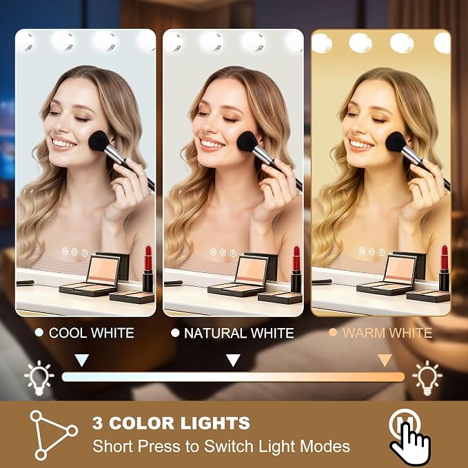 Ratsamee 26" x 20" Hollywood Vanity Mirror with Lights, 16 Dimmable Bulbs, 3 Color Lights,Make Up Lighted Mirror, Aluminum Metal Frame, USB Charging Port