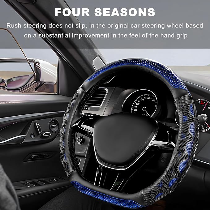 Car Steering Wheel Cover, Anti-Slip Breathable Steering Wheel Protector with 3D Honeycomb Design, Sporty Elastic Protective Cover for 14.5-15 Inch Flat Bottom Steering Wheels (Blue)