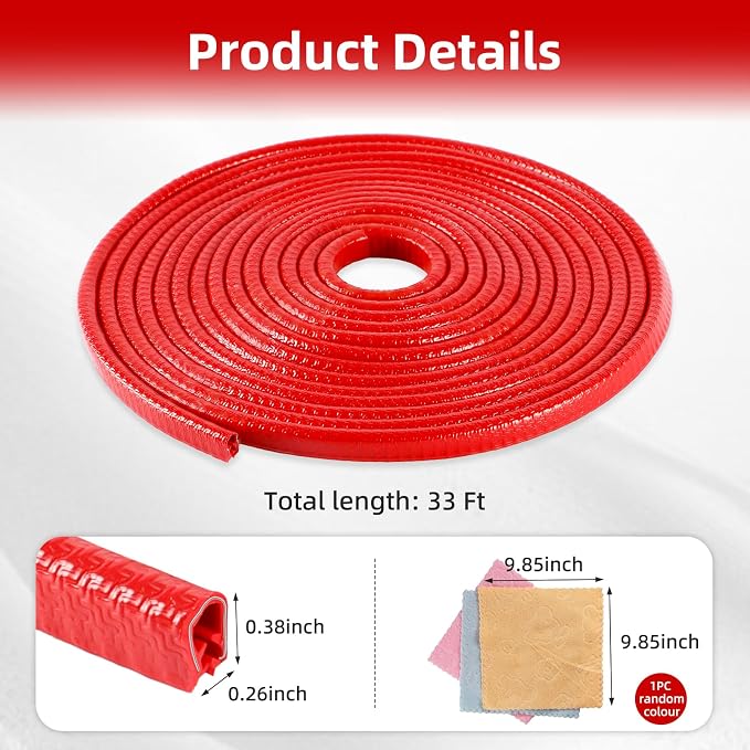 SINGARO 33Ft (10M) Car Door Edge Guard, No Glue Car Door Entry Guard Protective Strip, Rubber Edge Trim Car Door Protector, Applicable to Car, Truck, SUV and ATV, Car Exterior Accessories（Red）