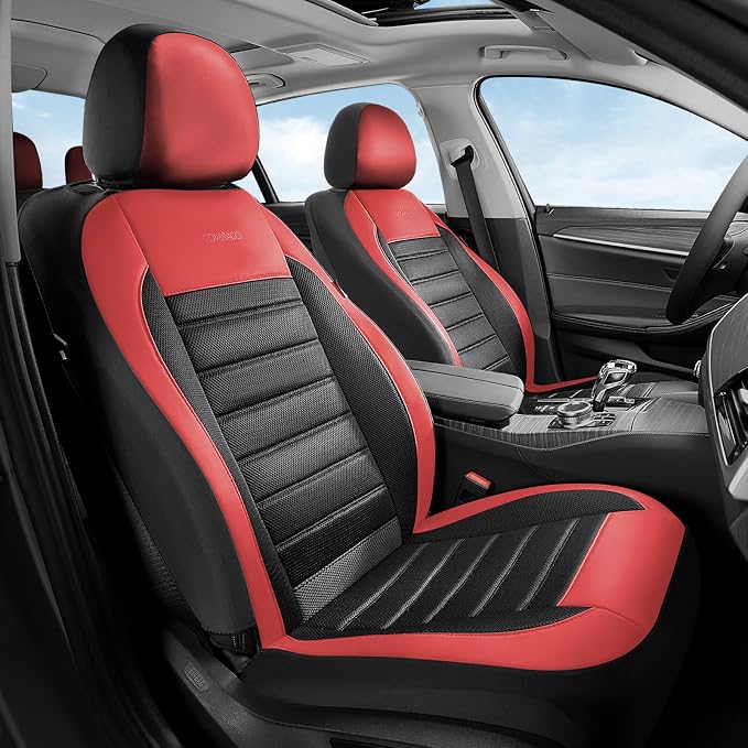 Coverado Car Seat Covers Front Seats, Luxury Leather Car Seat Covers, Automotive Mesh Seat Covers 2 Pack, Airbag-Compatible, Black Red Seat Covers for SUV Sedan Truck