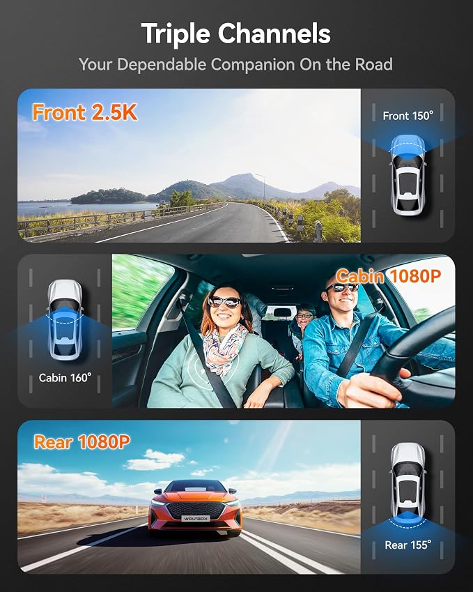 WOLFBOX i07 3 Channel Dash Cam Built-in WiFi GPS, 4K Dash Camera Front and Inside, 1440P+1080P+1080P Triple Car Camera with 3" LCD Screen,IR Night Vision, 24H Parking Mode(Card Not Included)