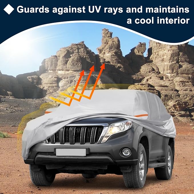 Silver Tone Heavy Duty Waterproof Car Cover for SUV 191"-199" - All-Weather UV Protected Outdoor Full Exterior Cover with Sun/Snow/Rain Resistance