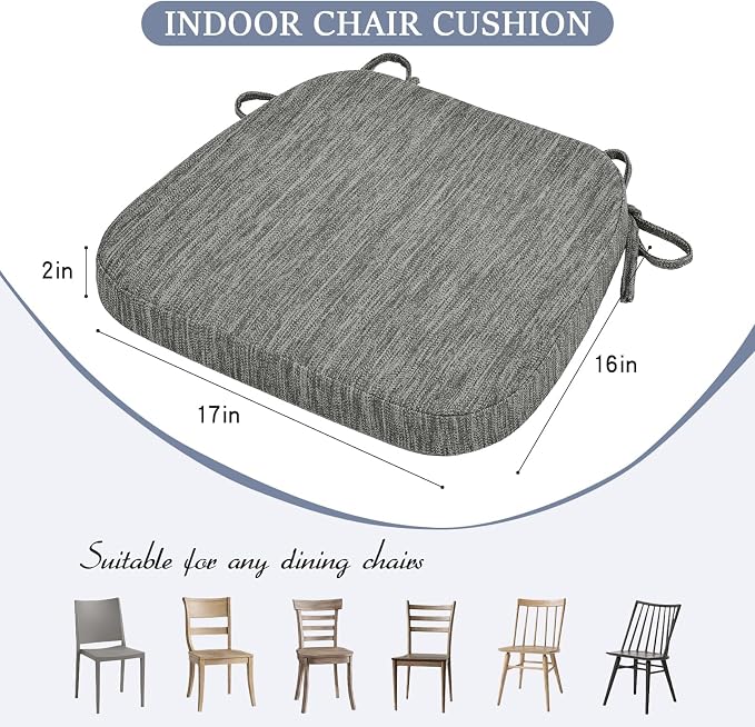 baibu Kitchen Chair Cushions Set of 6, Dual-Layer Patented Design Memory Foam Dining Chair Pads with Ties and Washable Cover, 6 Pack, 17" x 16" x 2", Grey