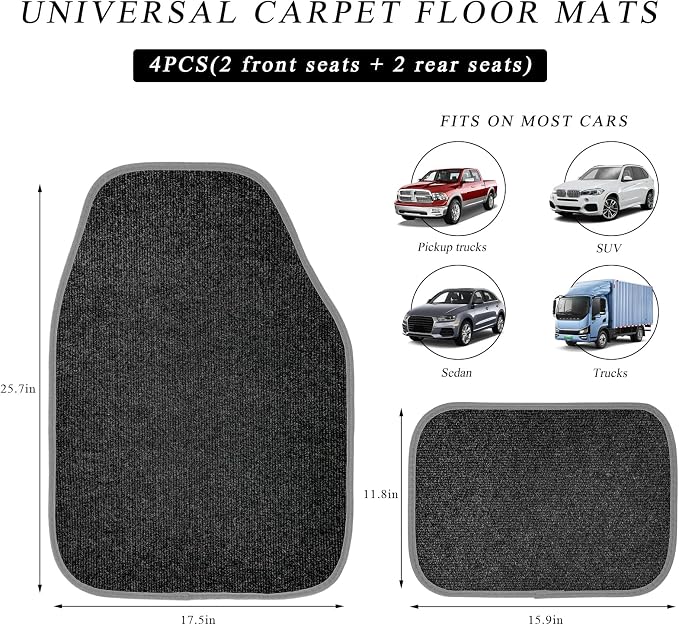 4PCS Car Floor Mats, Anti-Slip Waterproof Car Carpets with Safety Heel Pad, Heavy Duty Floor Mat for All Weather Protection, Universal Trim to Fit for Sedans Trucks SUVs (Black & Gray)