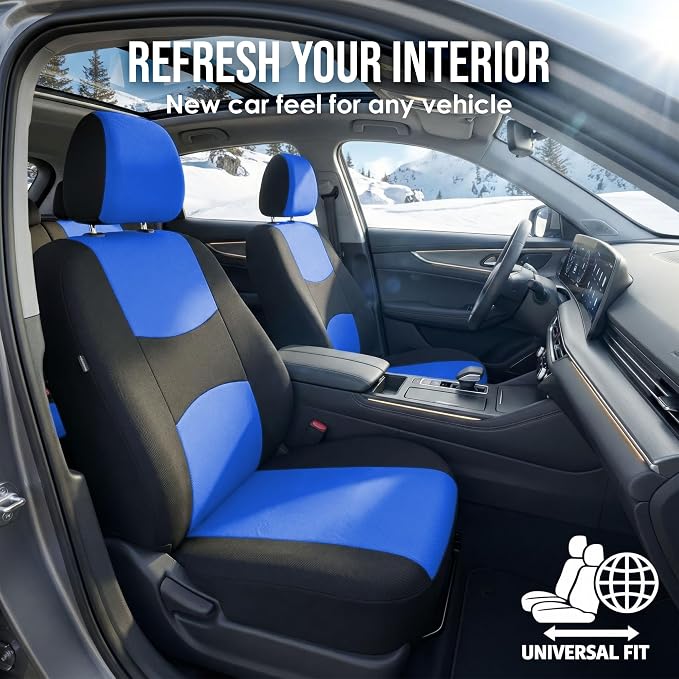 FH Group Car Seat Covers Full Set Cloth - Universal Fit Automotive Seat Covers, Low Back Front Seat Covers, Solid Back Seat Cover, Washable Car Seat Cover for SUV, Sedan and Van Blue