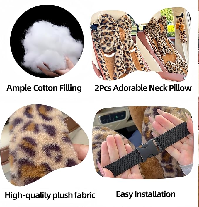Car Neck Pillow 2PCS Plush Bowknot Car Headrest Pillow – Comfortable Neck Support for Driving Soft Touch Fabric Car Pillow Cute Interior Decor (Leopard Set 4Pcs)
